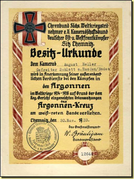 Diplôme Argonnen Kreuz