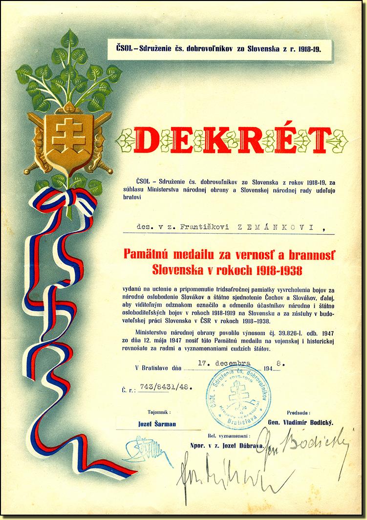 Diplome medaille Loyauté Slovaquie