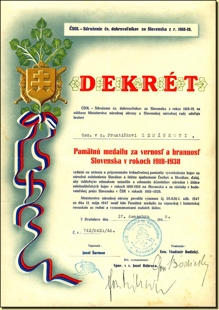 Diplome medaille Loyauté Slovaquie
